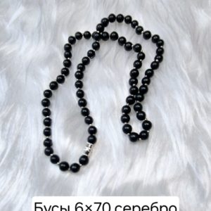 Бусы из шунгита 6 на 70 с серебристым бисером — изображение 1